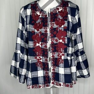 Open Front Flannel Floral Embroidered Peplum Jacket Size Small
